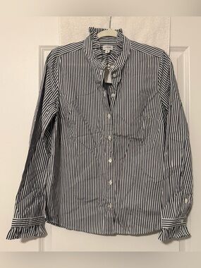 J. Crew Navy and White Ruffled Collar Stripe Shirt